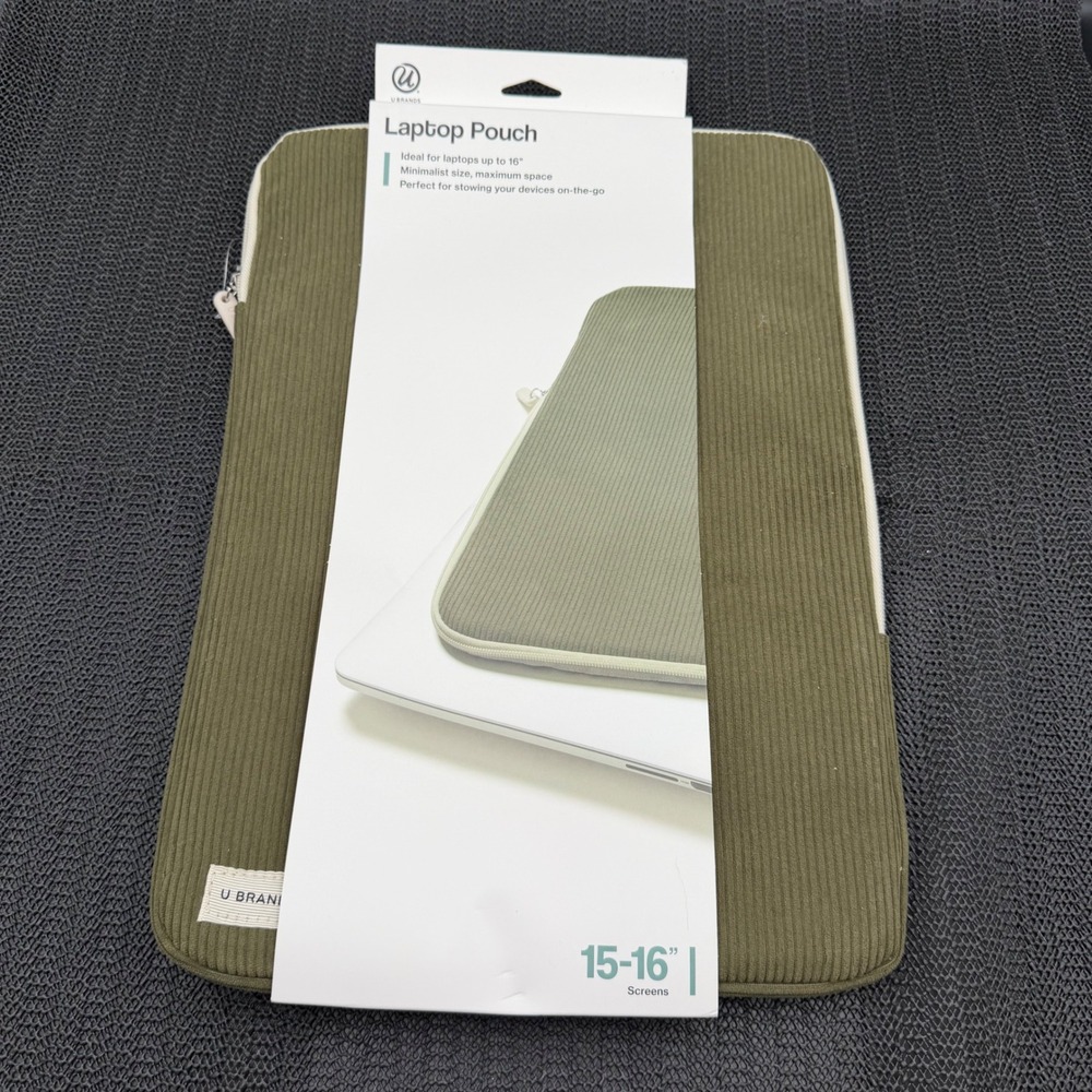 U Brands Olive Green Corduroy Laptop Pouch Sleeve 15-16 Inch 7346T NEW
